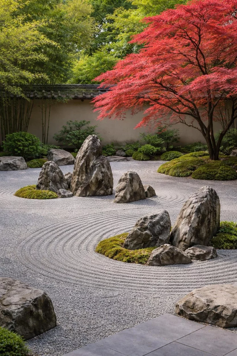 A realistic photo of a garden featuring asymmetrical groupings of jagged rocks surrounded by perfectly raked grey pebbles and a single Japanese maple tree with red leaves in a quiet courtyard.