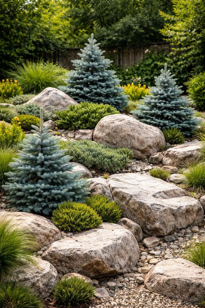 A realistic photo of a garden with miniature blue spruce and juniper trees planted among light colored granite boulders, mimicking a high altitude mountain peak in a small backyard.