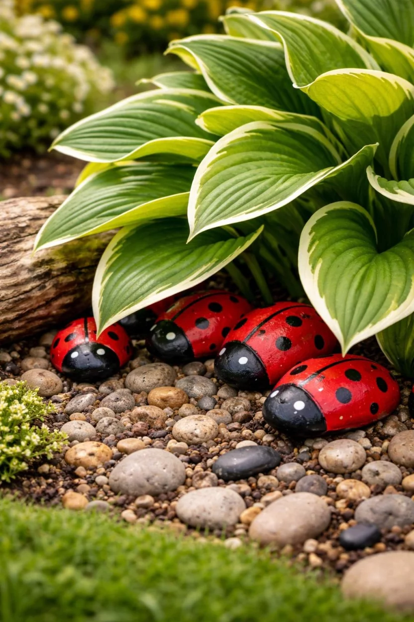A realistic photo of a garden showing a few small rocks painted to look like red ladybugs tucked underneath the leaves of a green hosta plant in a playful backyard corner.