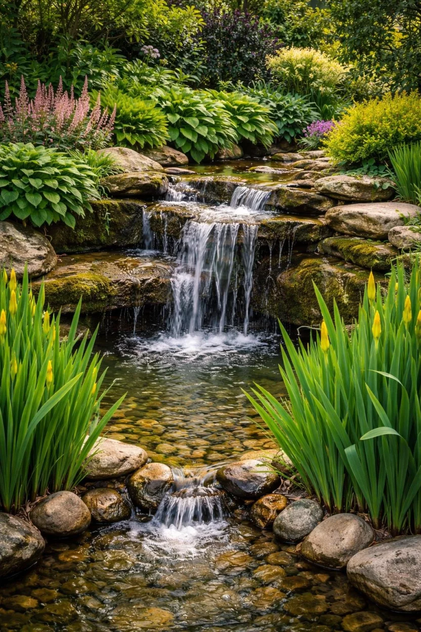 A realistic photo of a garden showing a small crystal clear waterfall cascading over several layers of mossy flat rocks into a small stone basin surrounded by green irises.