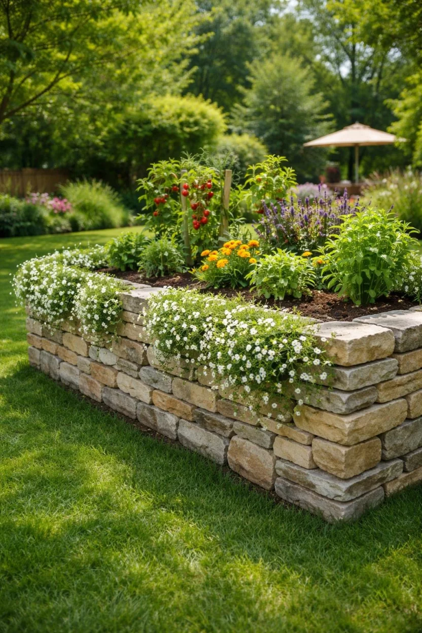 A realistic photo of a garden with a waist high raised bed made of dry stacked natural stones, filled with rich soil and trailing white flowers in a sunny backyard.