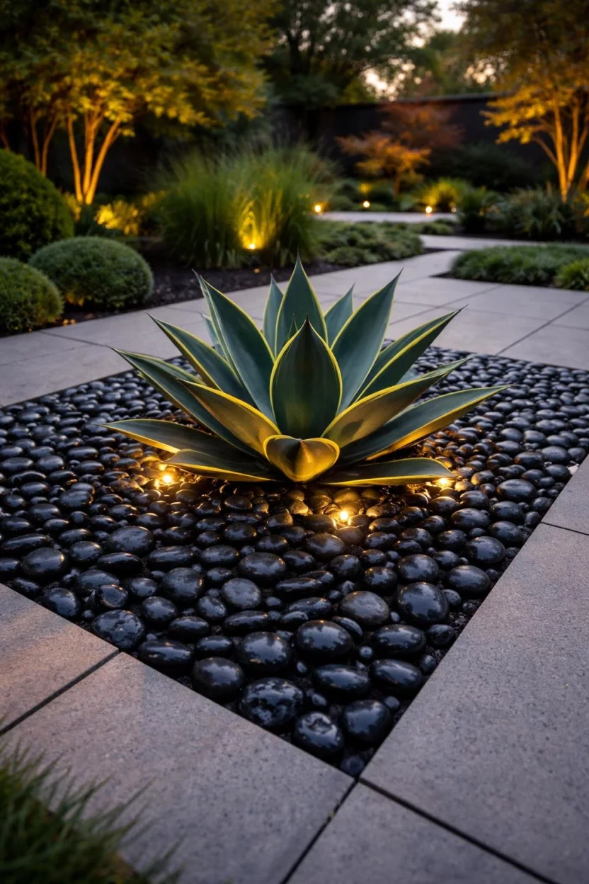A realistic photo of a garden showcasing a sleek layout of black polished pebbles around a single sculptural agave plant, with hidden LED lights highlighting the textures of the stones at dusk.