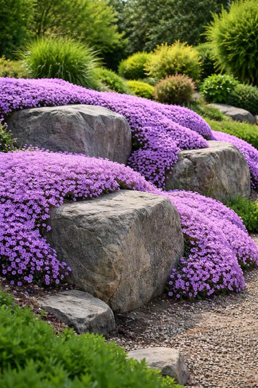 A realistic photo of a garden where a thick carpet of purple creeping phlox completely covers the edges of several large grey boulders in a naturalistic flow.