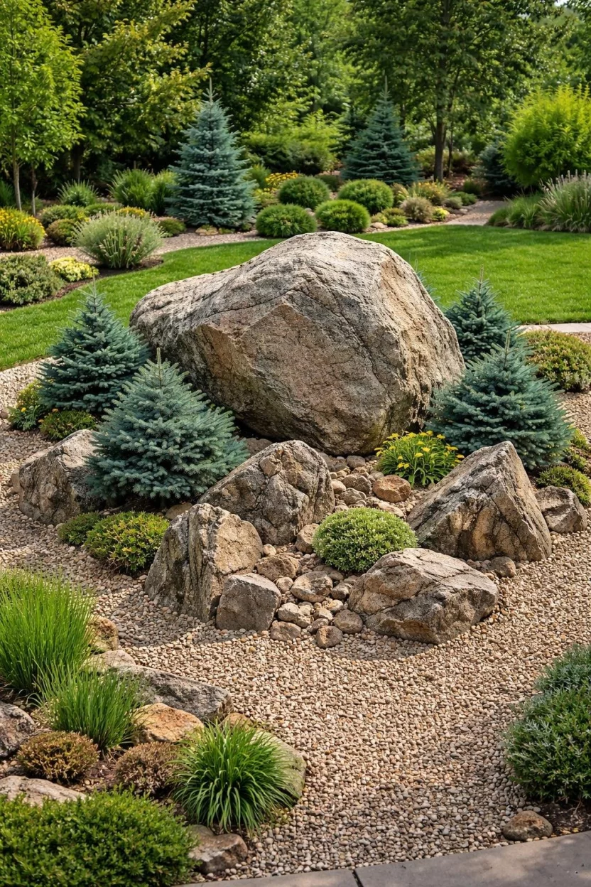 A realistic photo of a garden featuring a massive granite boulder as a central focal point surrounded by smaller jagged rocks and dwarf blue spruce trees, with pea gravel mulch filling the gaps in a large open outdoor space.