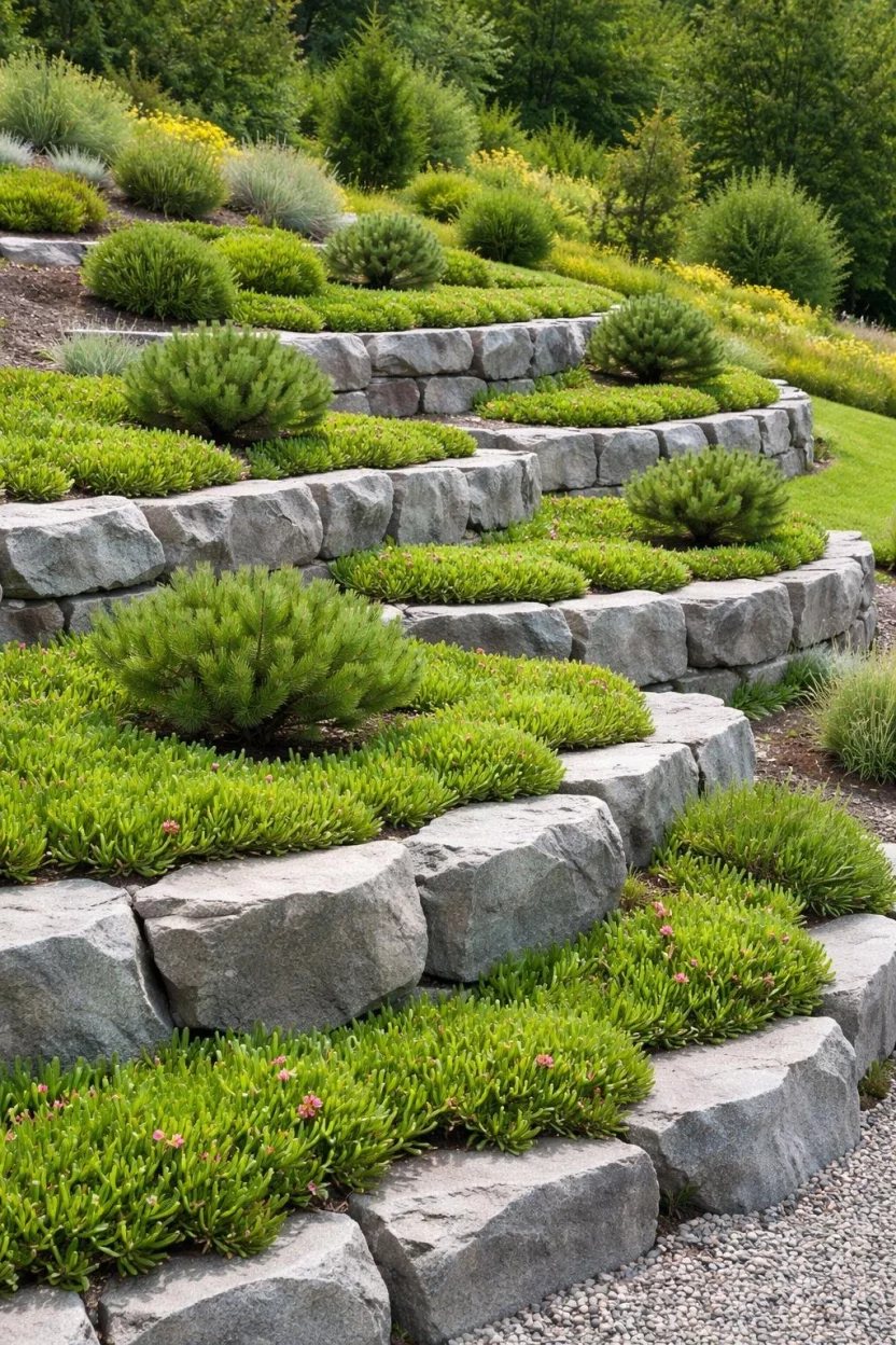 A realistic photo of a garden on a gentle slope with horizontal layers of mid-sized grey rocks creating small flat planting areas filled with green ice plants and miniature pines.