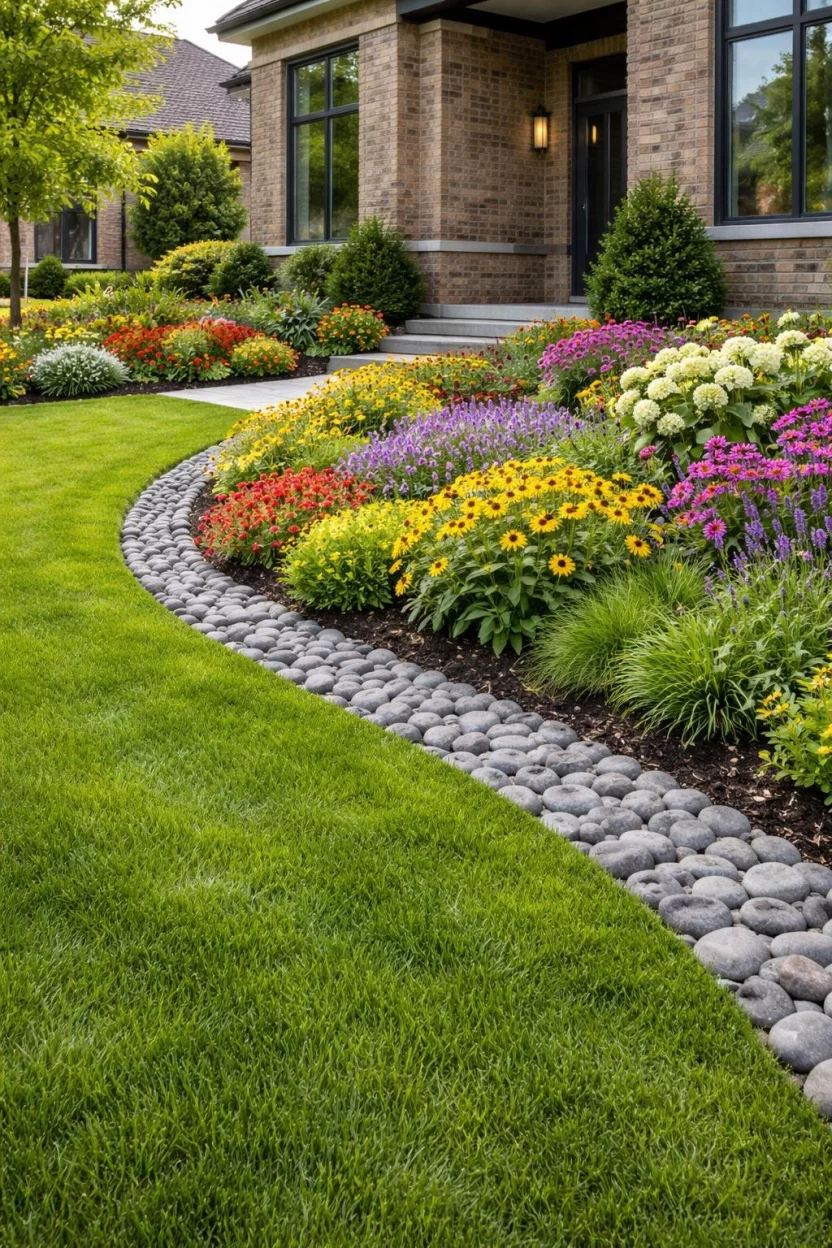 A realistic photo of a garden showing a clean edge of uniform grey river rocks separating a vibrant flower bed from a manicured green lawn in front of a modern brick house.