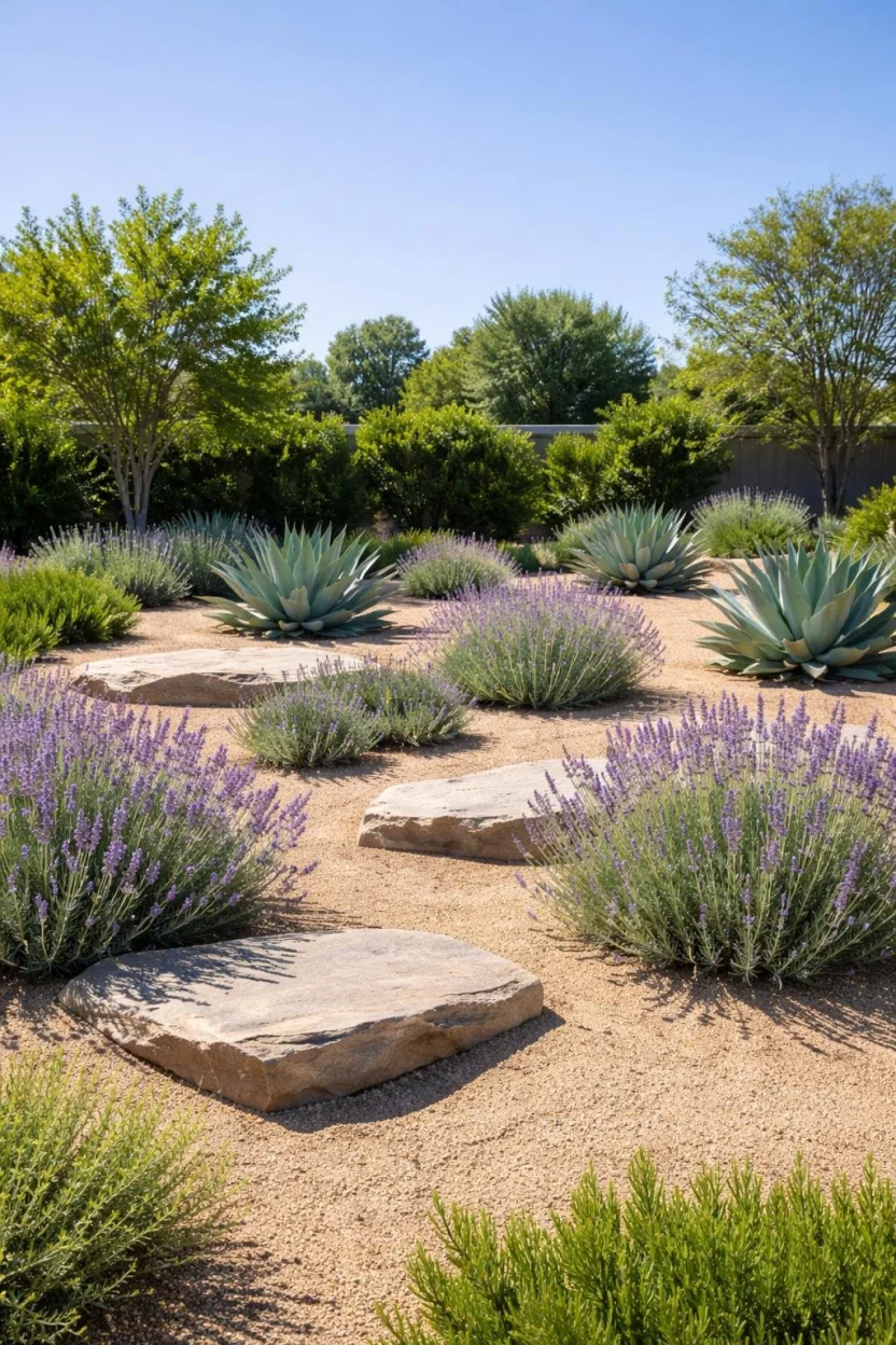A realistic photo of a garden with native lavender and agave plants spaced out across a bed of tan decomposed granite, with large flat rocks acting as accents under a clear blue sky in a modern yard.