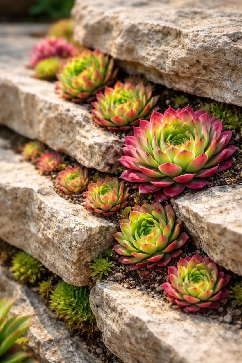 A realistic photo of a garden with colorful hens and chicks succulents growing out of narrow cracks in a stack of flat limestone rocks, highlighting the vibrant pink and green leaves against the neutral stone texture in a sunny spot.