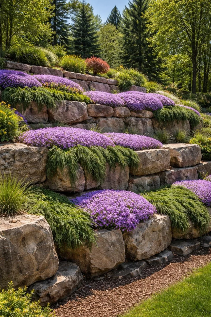 A realistic photo of a garden on a steep hill transformed into three levels of stone terraces made from large rugged boulders, filled with purple creeping phlox and green junipers cascading over the rock edges.