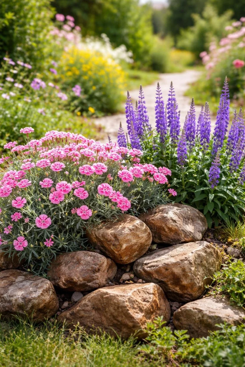 A realistic photo of a garden featuring a mix of pink dianthus and purple speedwell flowers spilling over a pile of medium sized brown rocks in a bright cottage garden style.