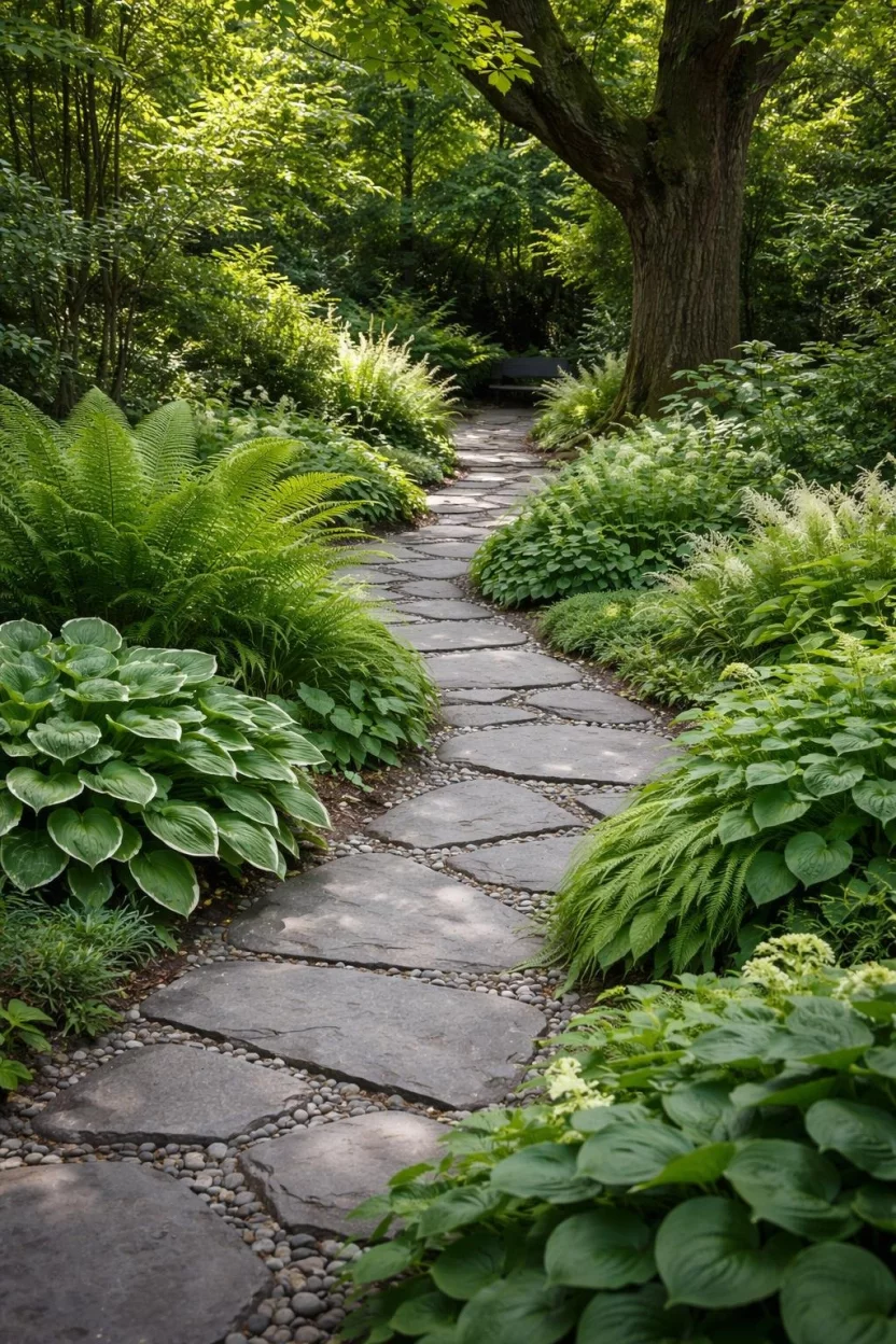 A realistic photo of a secret garden with a winding grey slate walkway, tall ferns and hostas spill over the edges of the path, small pebbles fill the gaps between the irregular stones, leading toward a shadowy corner behind a large oak tree.