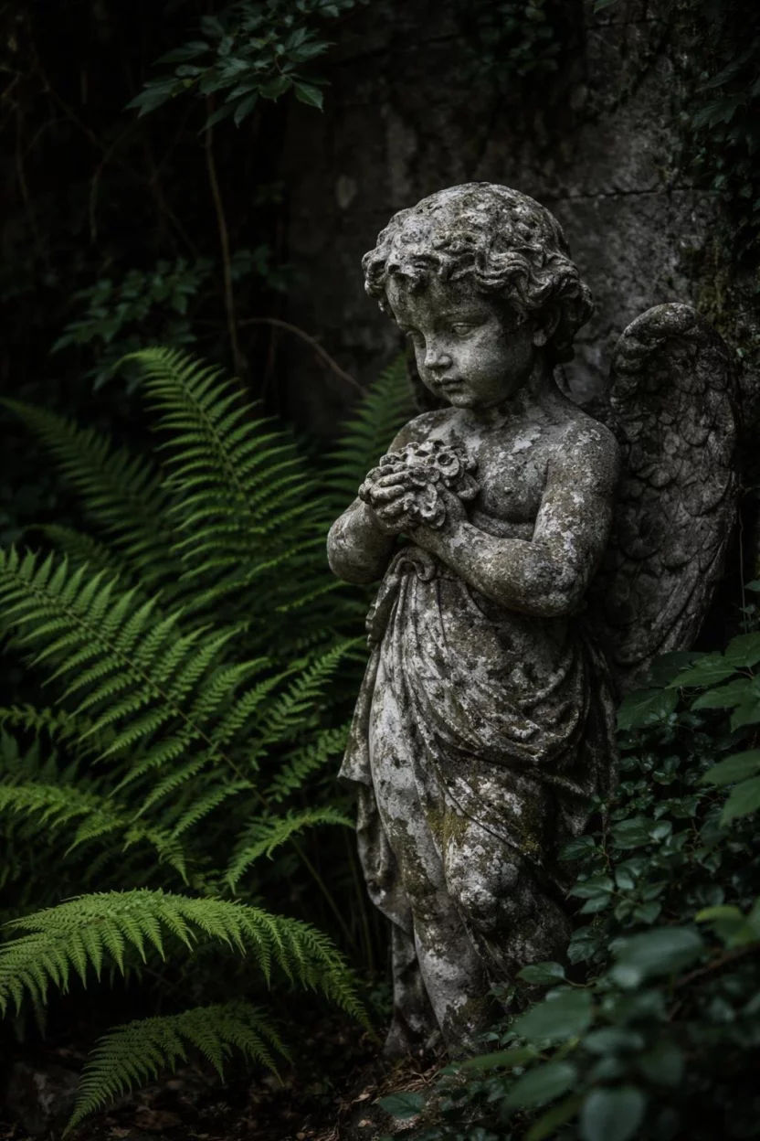 A realistic photo of a secret garden hidden in shadows, a weathered stone cherub statue stands among tall green ferns, the statue is partially covered in grey lichen, giving it an ancient and mysterious appearance in the garden corner.