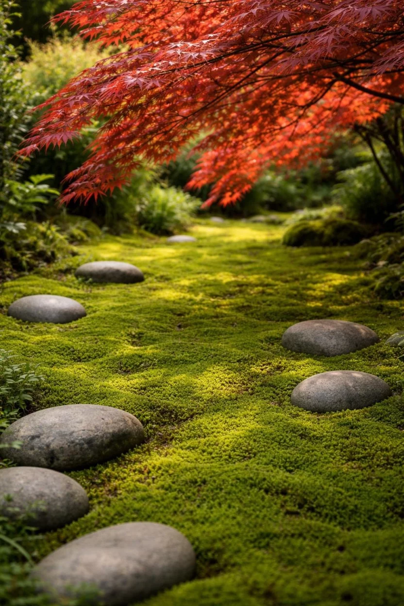 A realistic photo of a secret garden floor covered in a thick carpet of vibrant green moss, several smooth grey river stones are scattered across the mossy surface, a large Japanese maple with red leaves hangs low over the ground.