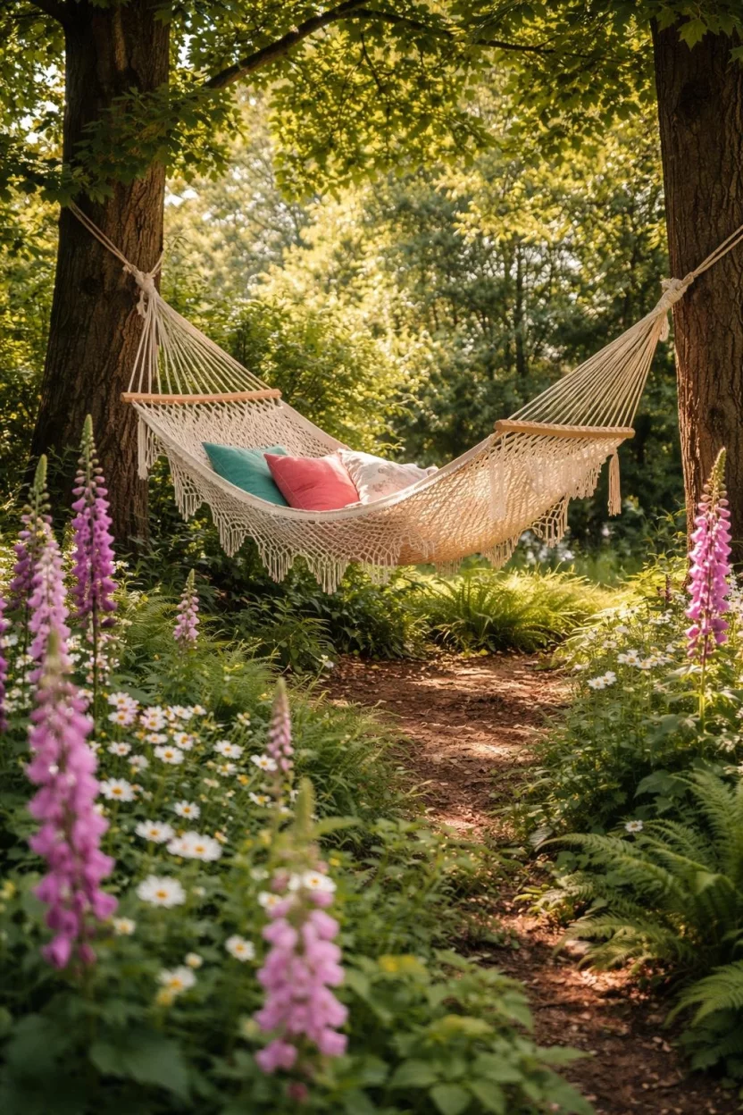 A realistic photo of a secret garden with a cream colored macrame hammock strung between two thick maple trees, colorful outdoor pillows sit inside the netting, surrounded by tall purple foxgloves and dappled sunlight hitting the forest floor.
