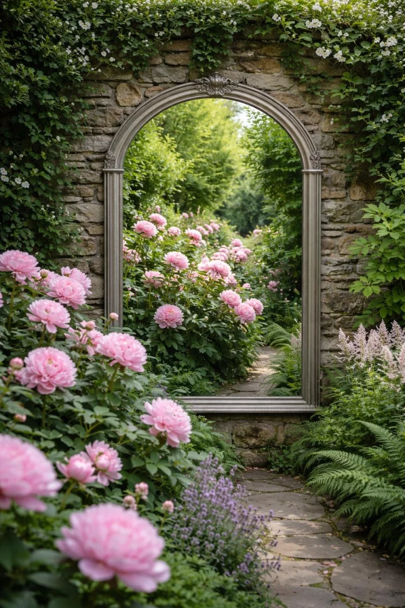 A realistic photo of a secret garden with a vintage arched silver mirror mounted on a stone wall, the glass reflects a lush group of pink peonies and green leaves, making the small space appear twice as large and much deeper.