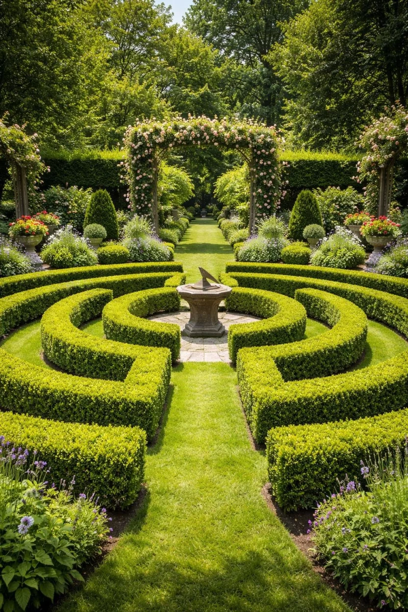 A realistic photo of a secret garden with low green boxwood hedges arranged in a circular pattern, the small maze surrounds a central sundial made of bronze, the grass paths between the hedges look perfectly manicured and bright.
