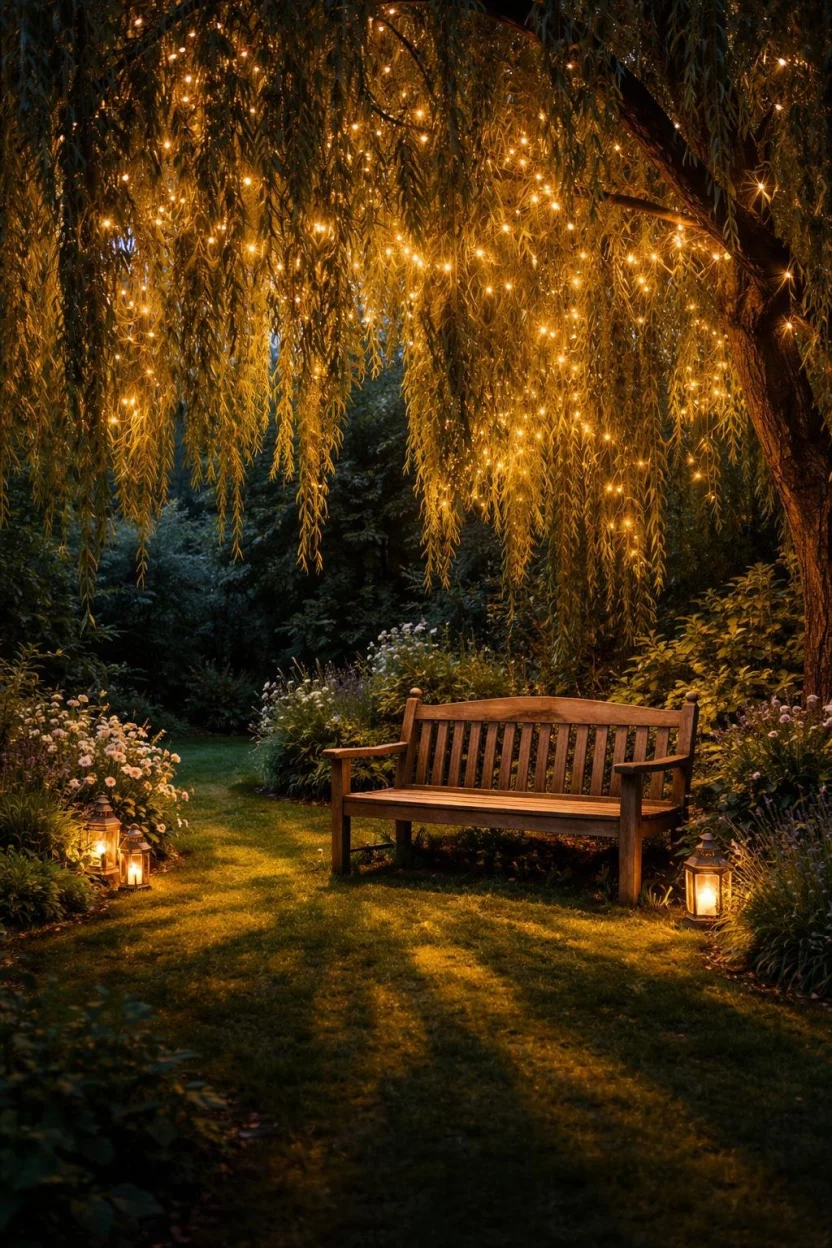A realistic photo of a secret garden at dusk with tiny warm yellow fairy lights draped through the branches of a willow tree, the soft glow illuminates a rustic wooden bench and casts long shadows over the grass below.