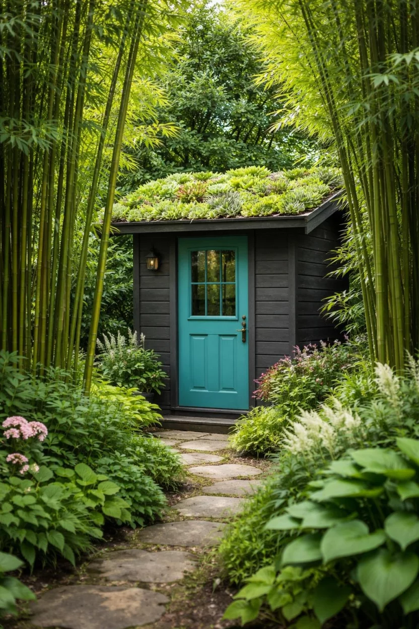 A realistic photo of a secret garden with a small dark grey wooden shed nestled behind tall bamboo stalks, the roof is covered in green succulents, the door is painted a bright teal and features a brass handle.