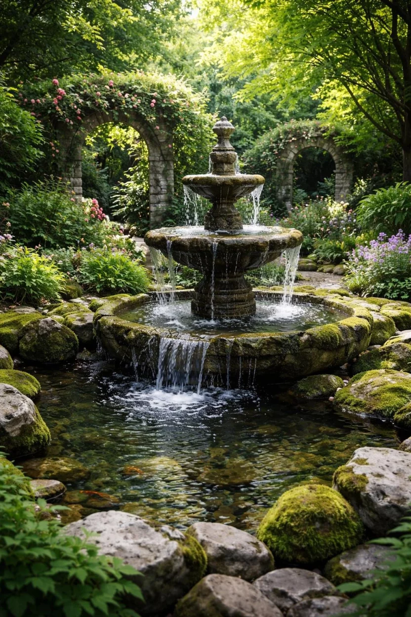 A realistic photo of a secret garden with a tiered grey stone fountain, clear water spills over the rocks into a small pond surrounded by mossy stones, the sound of the splashing water provides a soothing background noise and masks street sounds.