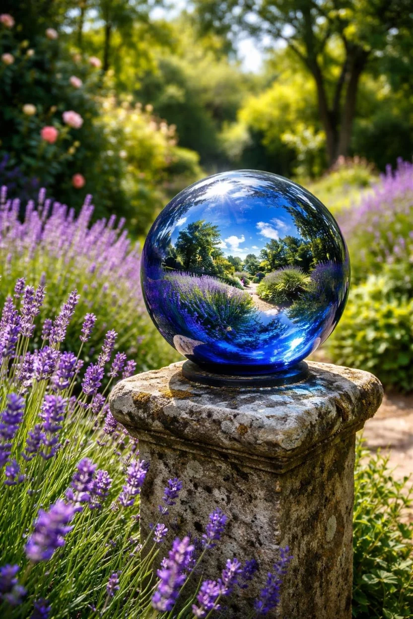 A realistic photo of a secret garden with a shiny blue glass gazing ball sitting on a weathered stone pillar, the reflective surface shows a distorted fish eye view of the surrounding purple lavender and green bushes.