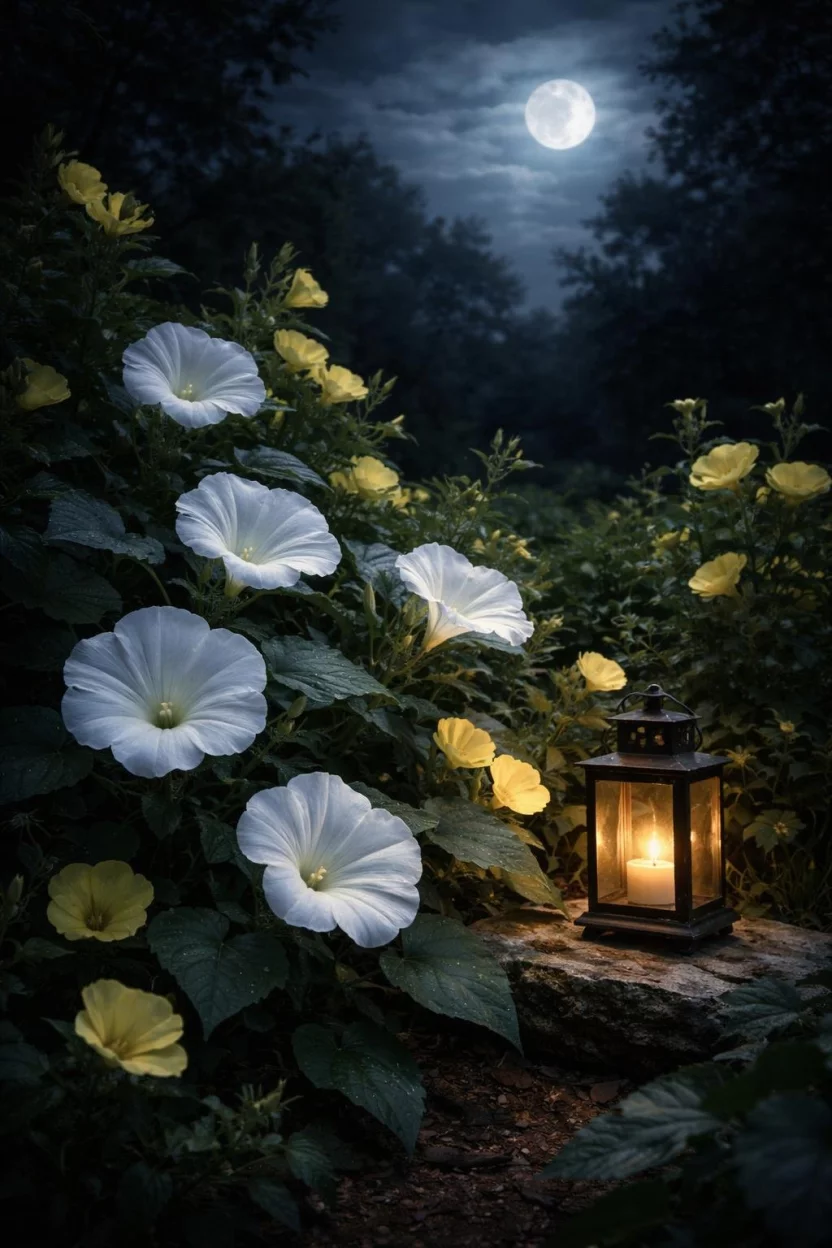A realistic photo of a secret garden at night with white moonflowers and evening primrose glowing under a silver moon, the pale petals stand out against the dark green leaves, a small lantern sits on a flat stone nearby.