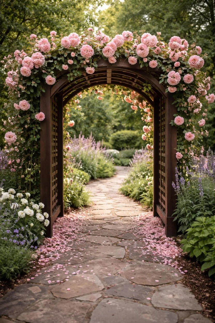 A realistic photo of a secret garden with a dark brown cedar wood arbor, heavy pink climbing roses bloom across the top beams, petals litter the ground below the archway, creating a fragrant and romantic tunnel for the walkway.