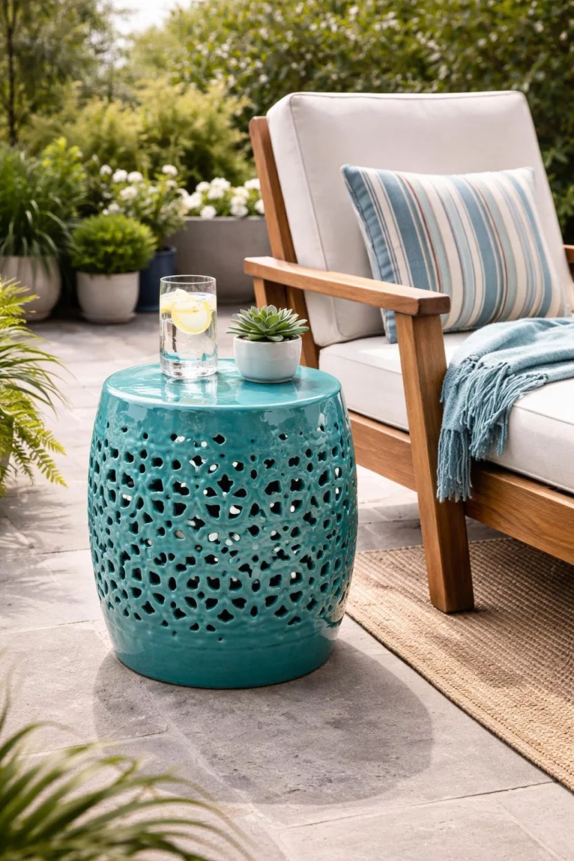 A realistic photo of a small patio featuring a turquoise ceramic garden stool with a cut out pattern used as a side table next to a wooden lounge chair.