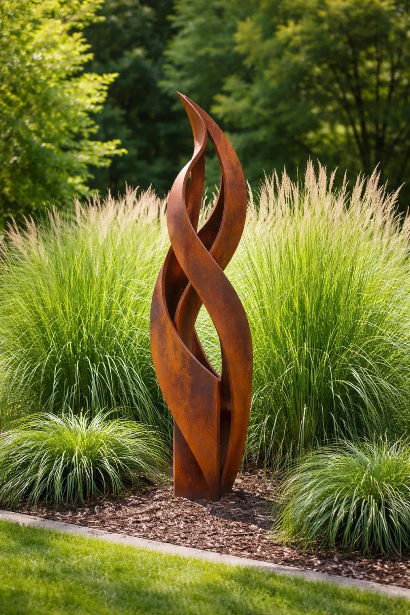 A realistic photo of a small garden bed with a rusted steel abstract metal sculpture standing among tall green ornamental grasses.