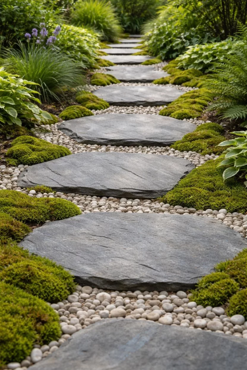 A realistic photo of a garden path made of large flat gray slate stones surrounded by small white river pebbles and bordered by green moss.