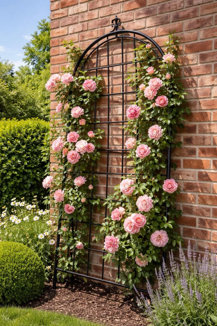 A realistic photo of a black metal garden trellis leaning against a brick wall with climbing pink roses and green leaves under a clear blue sky.