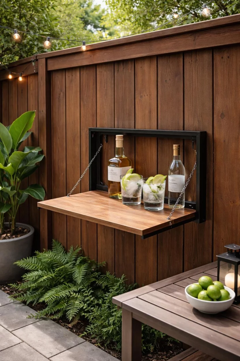 A realistic photo of a brown wooden fence in a small backyard with a wall mounted fold down bar shelf holding two glass bottles and two lime garnished drinks.