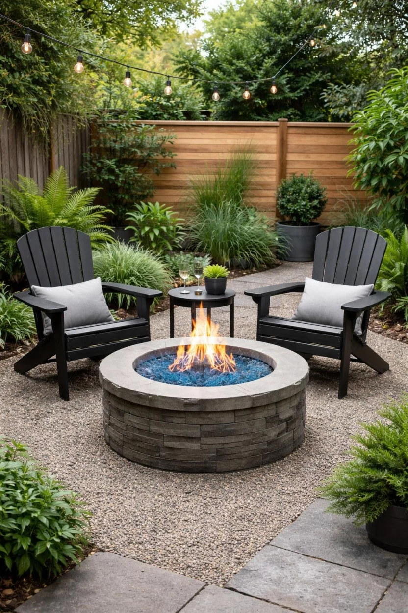 A realistic photo of a small modern backyard featuring a round stone gray propane fire pit with blue glass fire beads, surrounded by two black Adirondack chairs on a pebble ground.