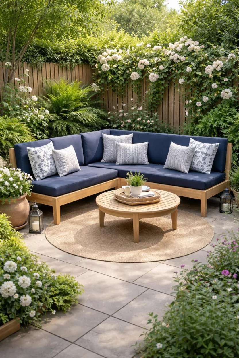 A realistic photo of a small garden corner featuring an L shaped light wood bench with navy blue seat cushions and several white patterned throw pillows.