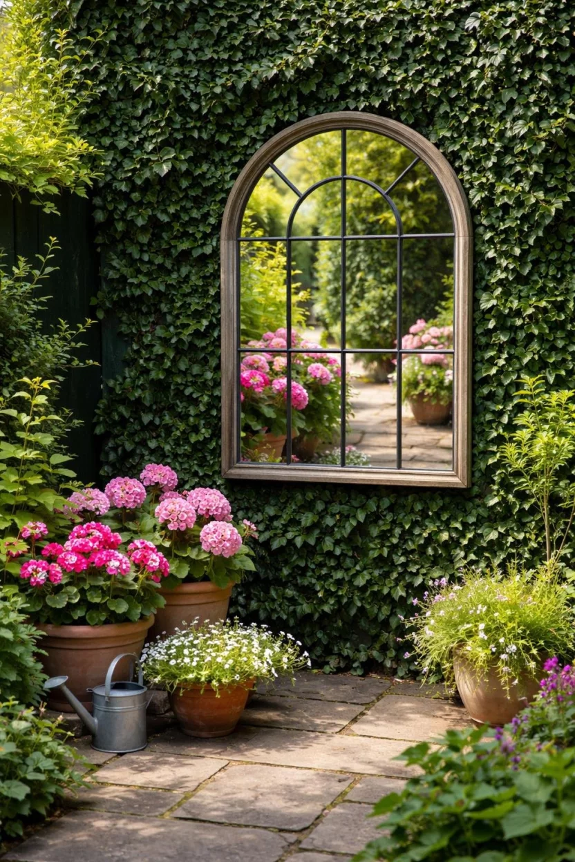 A realistic photo of a small garden corner with an arched window shaped wall mirror hanging on a dark green ivy covered fence reflecting a stone path and potted pink flowers.