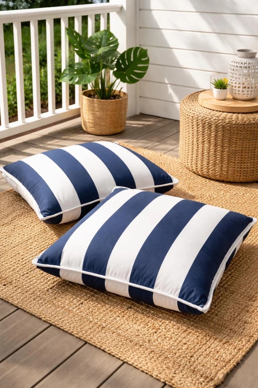 A realistic photo of a small corner of a deck with two large oversized navy and white striped floor pillows sitting on top of a woven jute rug.