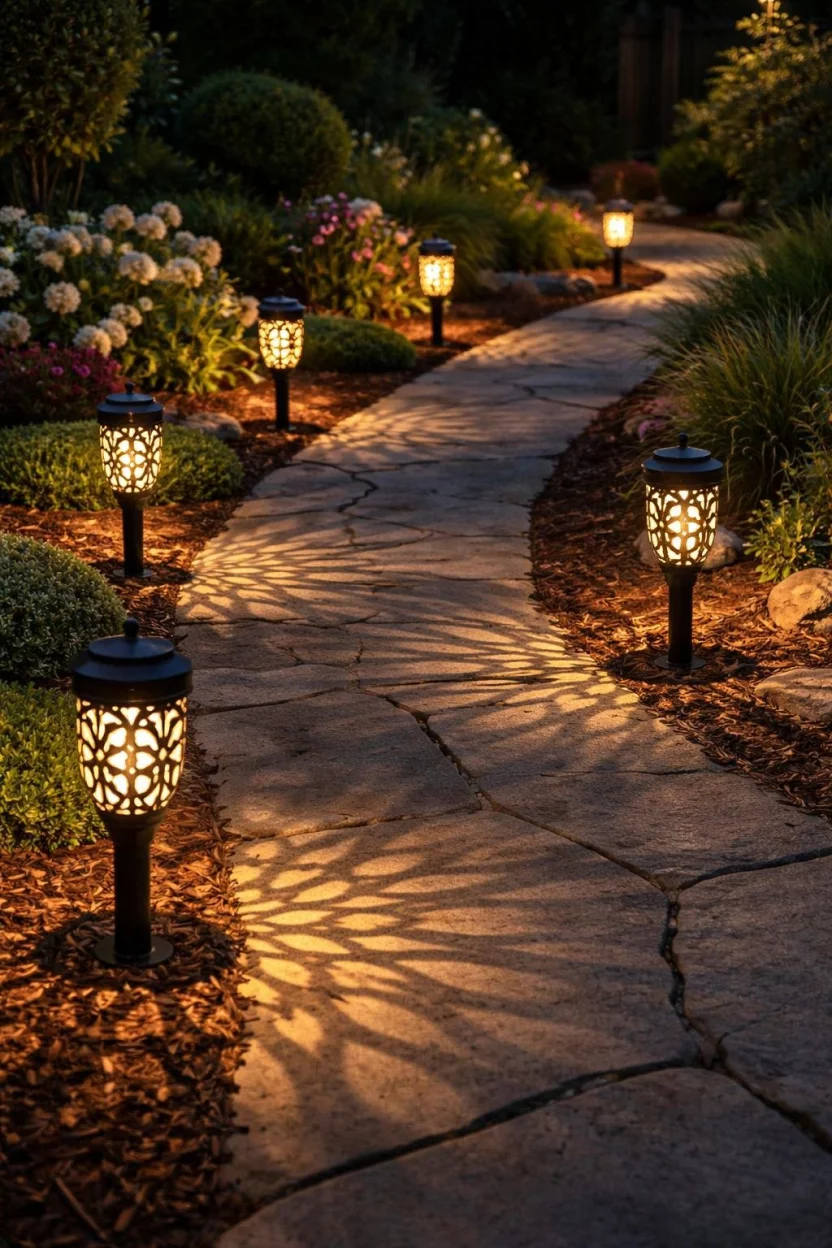 A realistic photo of a stone garden walkway lined with black decorative solar lanterns that cast a warm patterned light onto the ground at night.