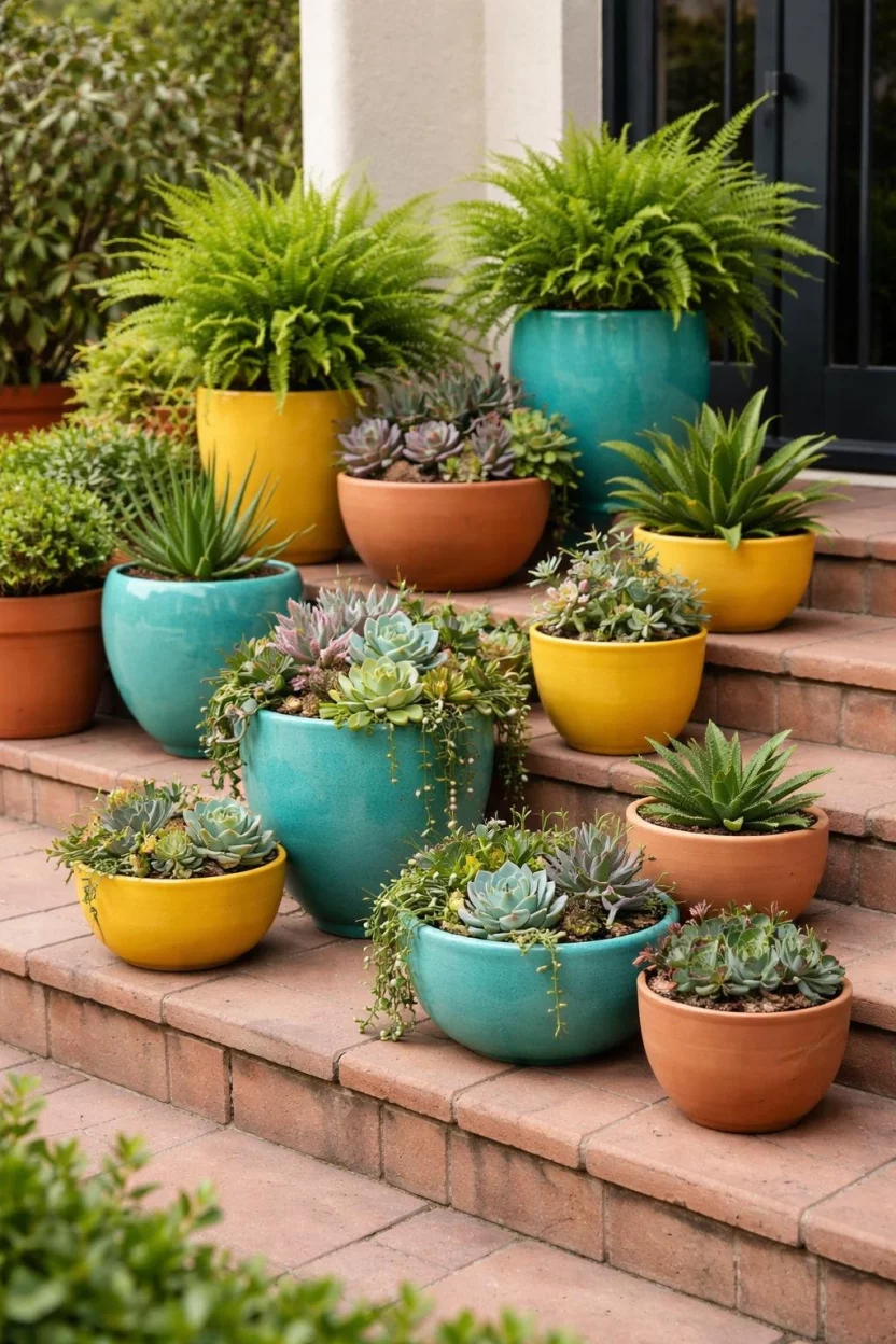 A realistic photo of a small patio steps displaying a collection of turquoise, bright yellow, and terracotta ceramic pots of varying sizes filled with succulents and green ferns.