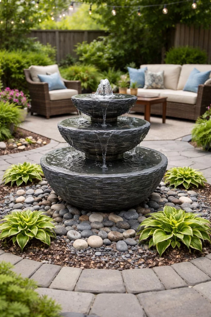 A realistic photo of a small backyard patio showing a three tiered gray slate water fountain surrounded by smooth river stones and small green hosta plants.