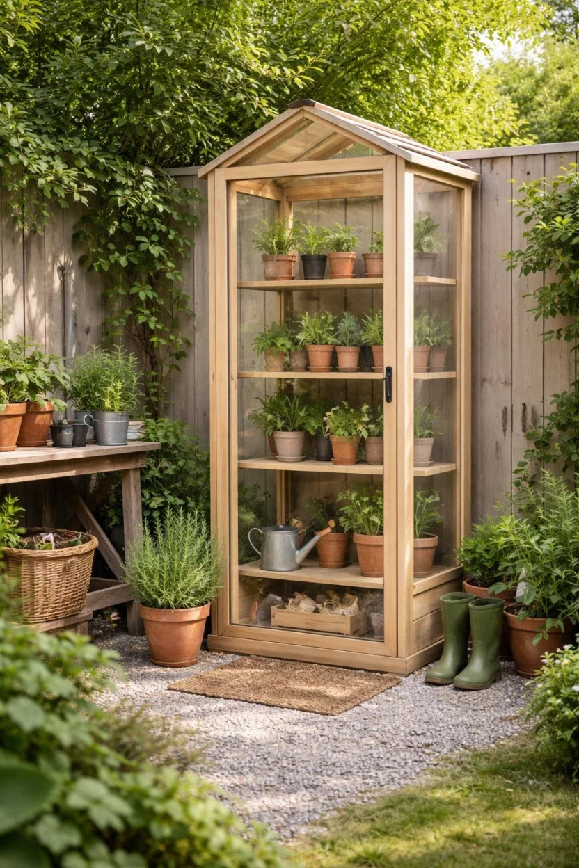 A realistic photo of a small backyard corner with a tall thin light wood and glass greenhouse containing several small potted green plants and gardening tools.