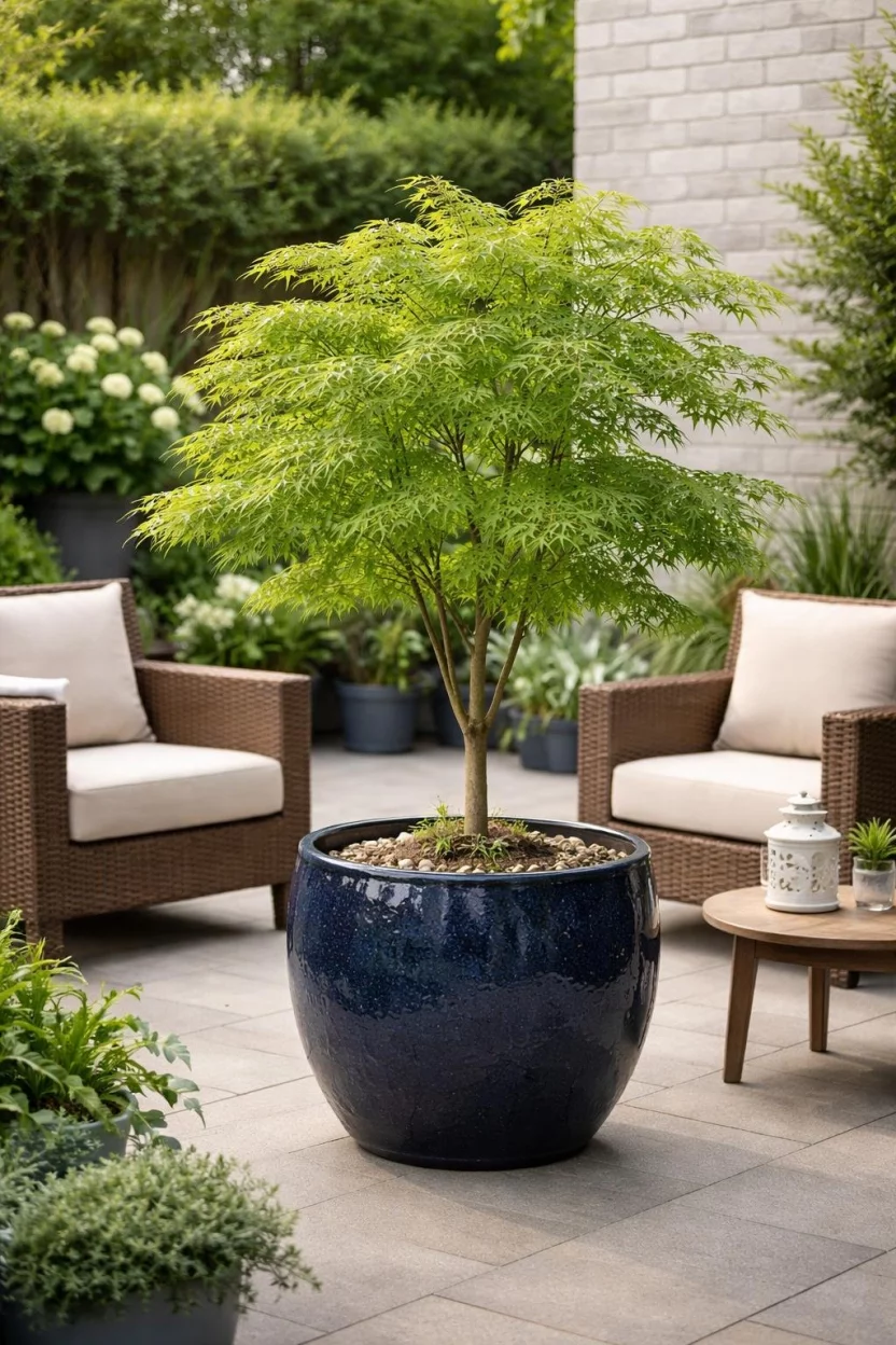A realistic photo of a small patio with a large dark blue glazed ceramic pot containing a green Japanese Maple tree with delicate leaves.