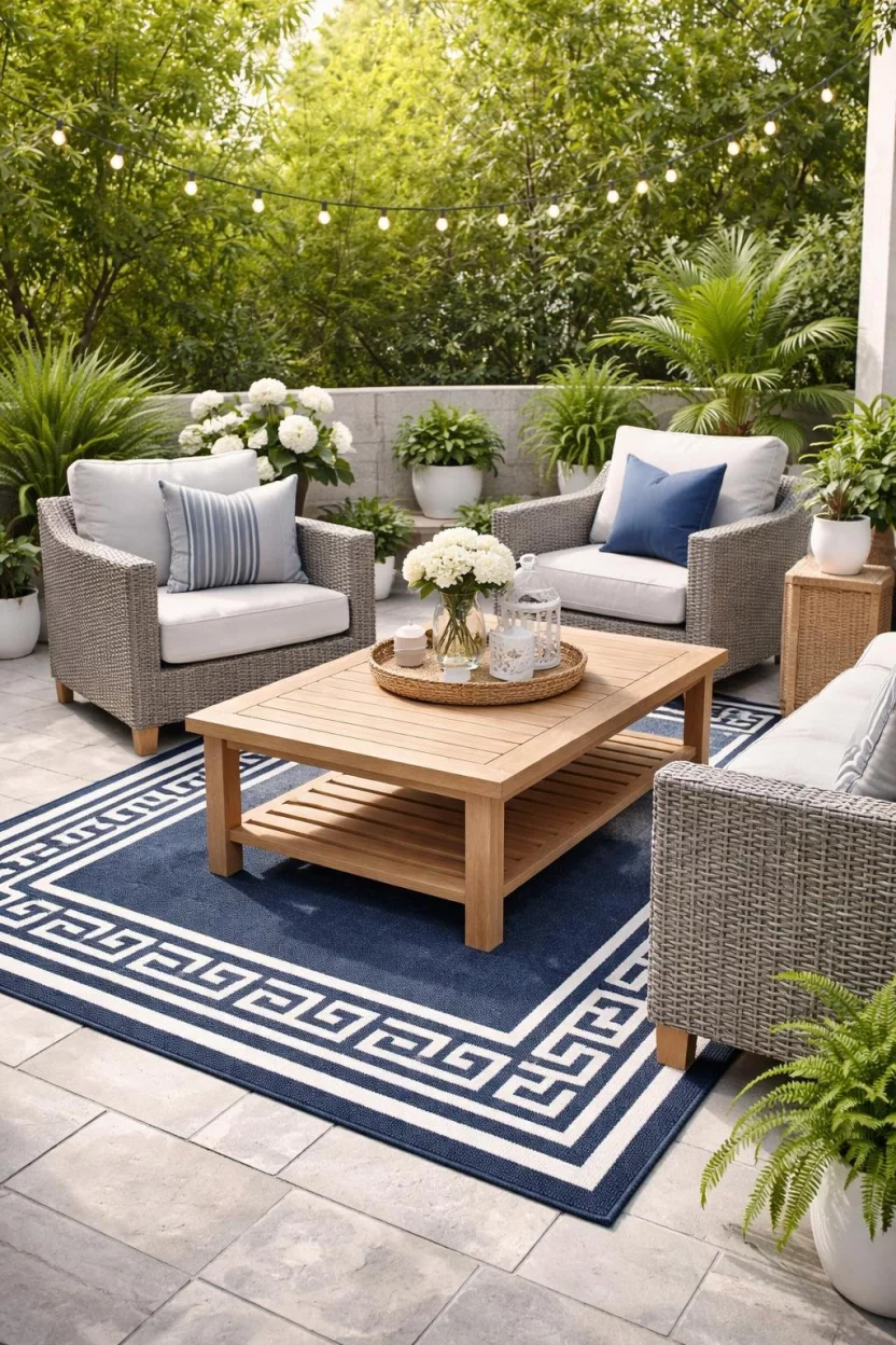 A realistic photo of a small patio area featuring a large navy blue and white geometric outdoor rug underneath a natural wood coffee table and matching gray wicker armchairs.
