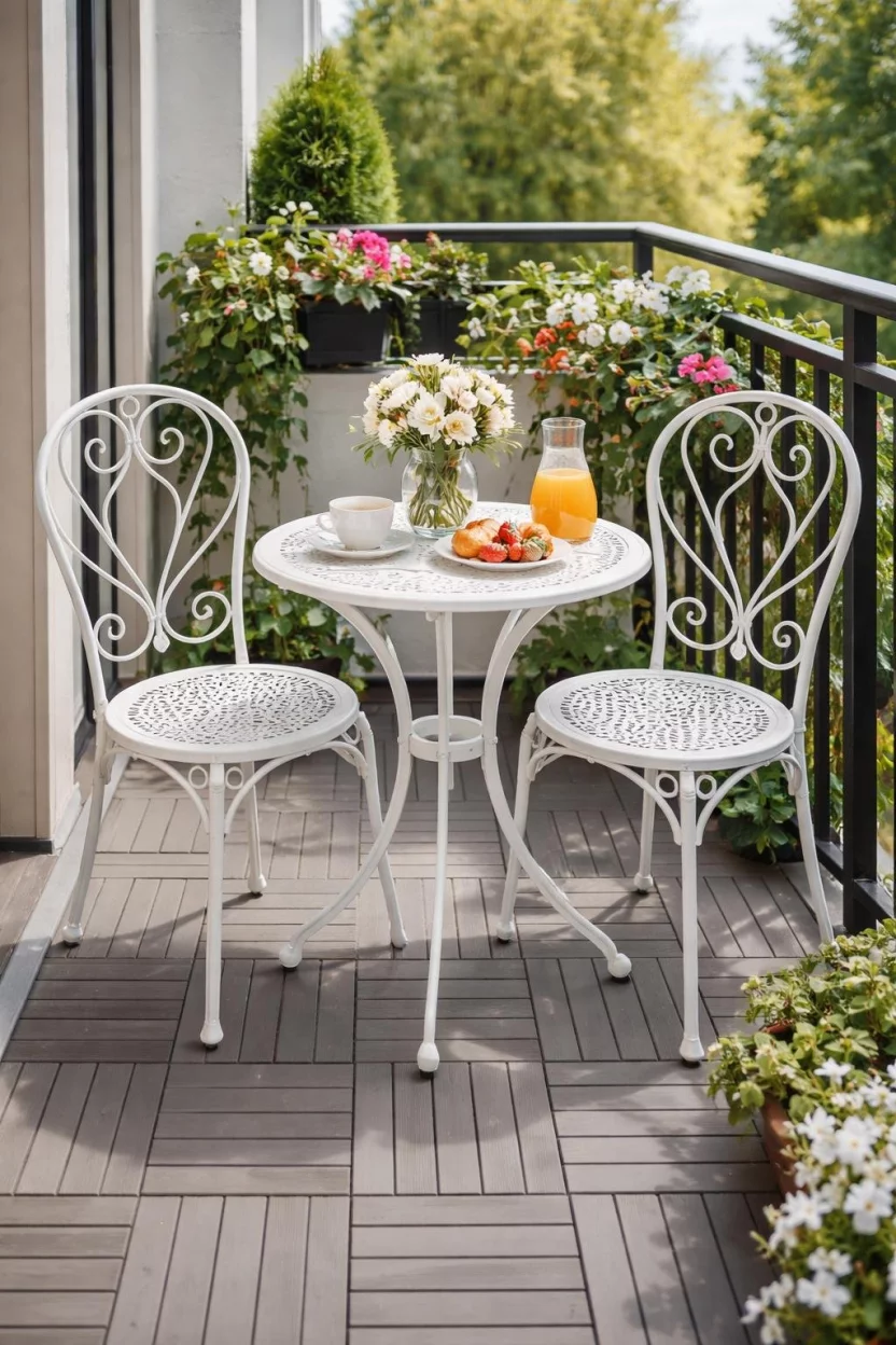 A realistic photo of a small balcony with a white wrought iron bistro table and two matching chairs set on a floor of gray wooden tiles.