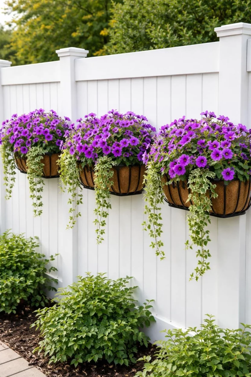 A realistic photo of a white wooden fence with three black metal window boxes filled with overflowing purple petunias and green ivy.