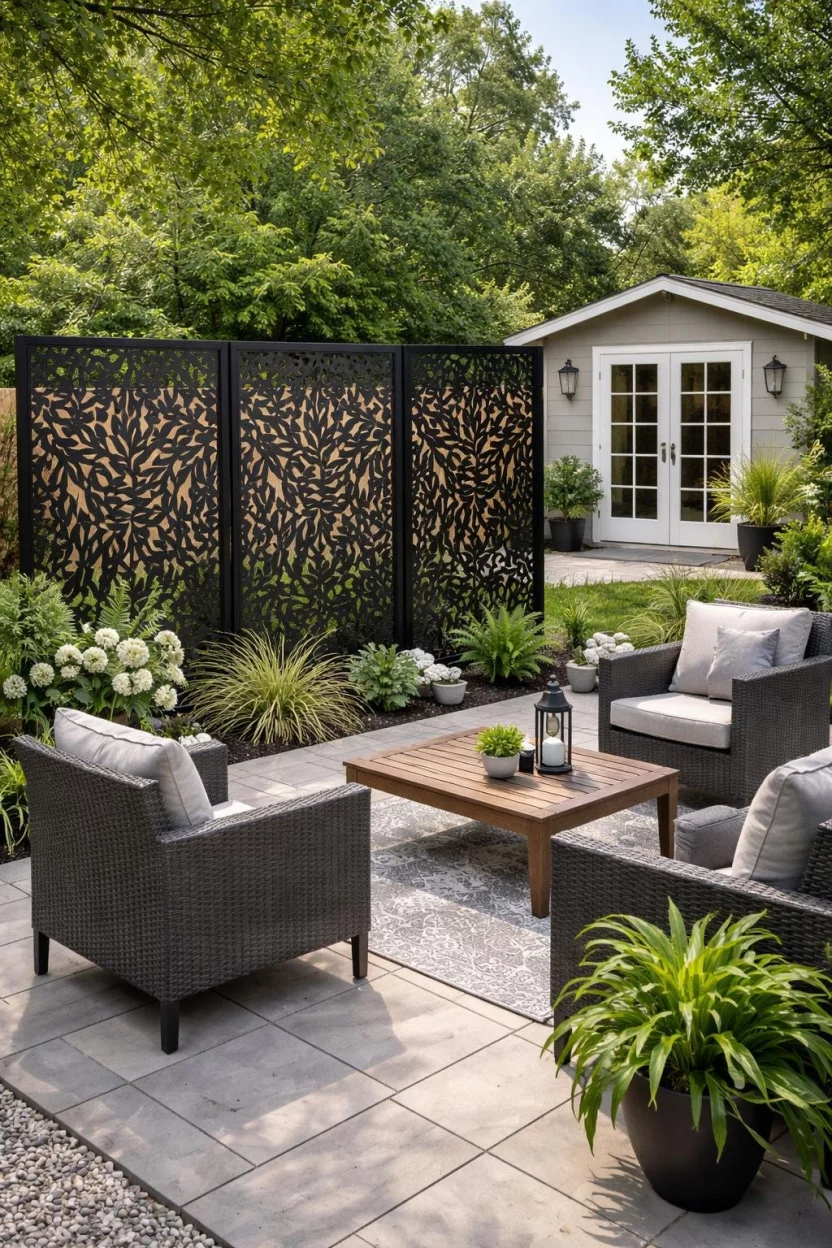 A realistic photo of a small backyard featuring a laser cut black metal privacy screen with a leaf pattern separating a seating area from a small garden shed.