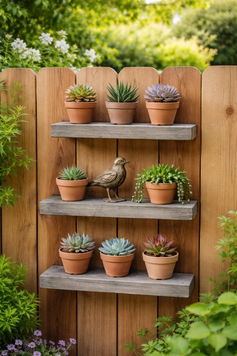A realistic photo of a wooden fence in a garden with three short weathered gray floating shelves holding small clay pots with succulents and a decorative metal bird.