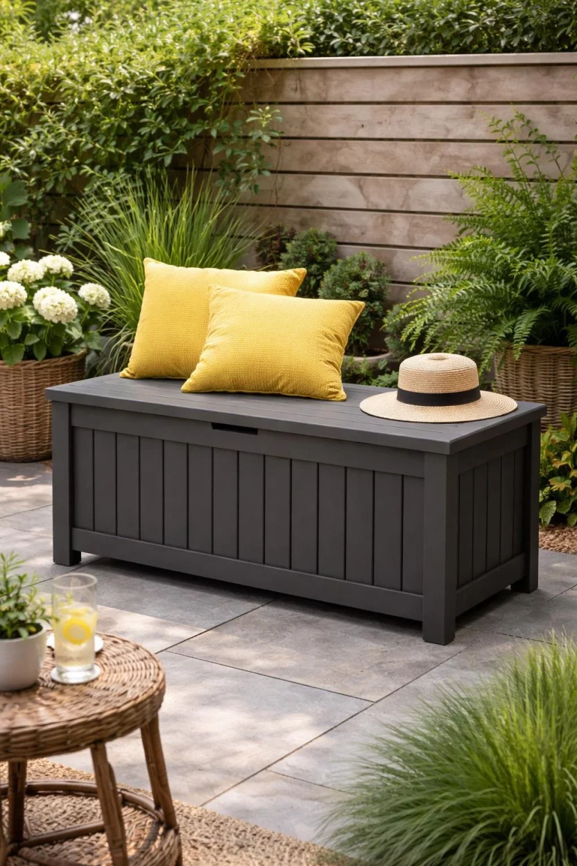 A realistic photo of a dark gray wooden storage bench in a small backyard with yellow cushions and a sun hat sitting on top of it.