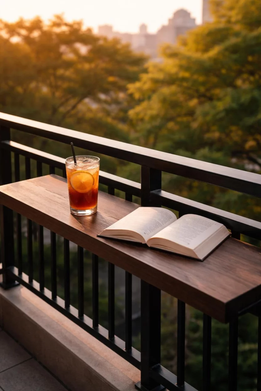 A realistic photo of a dark wood railing bar table attached to a black balcony railing, holding a glass of iced tea and a book, with a view of city trees in the background during golden hour.