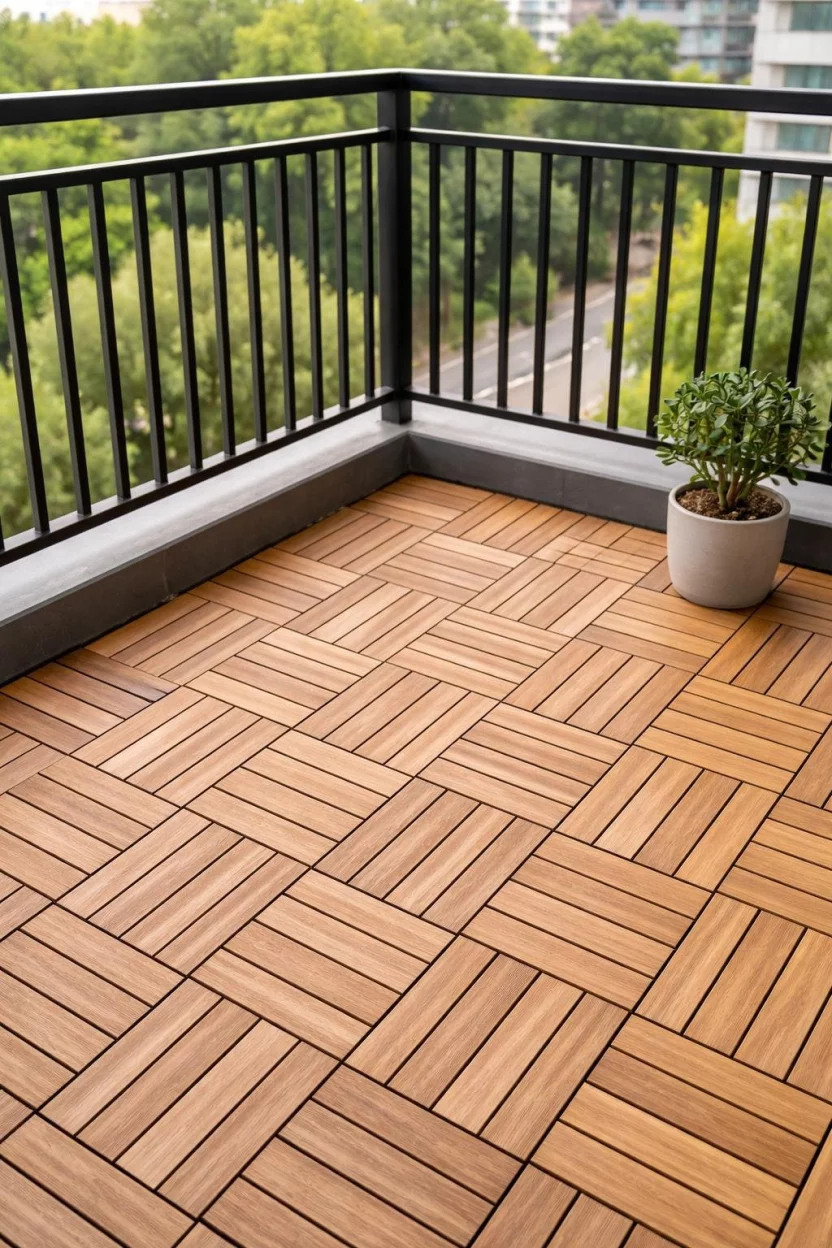 A realistic photo of a balcony floor covered in light brown acacia wood interlocking deck tiles, with a small potted jade plant in the corner and modern black railing surrounding the space.