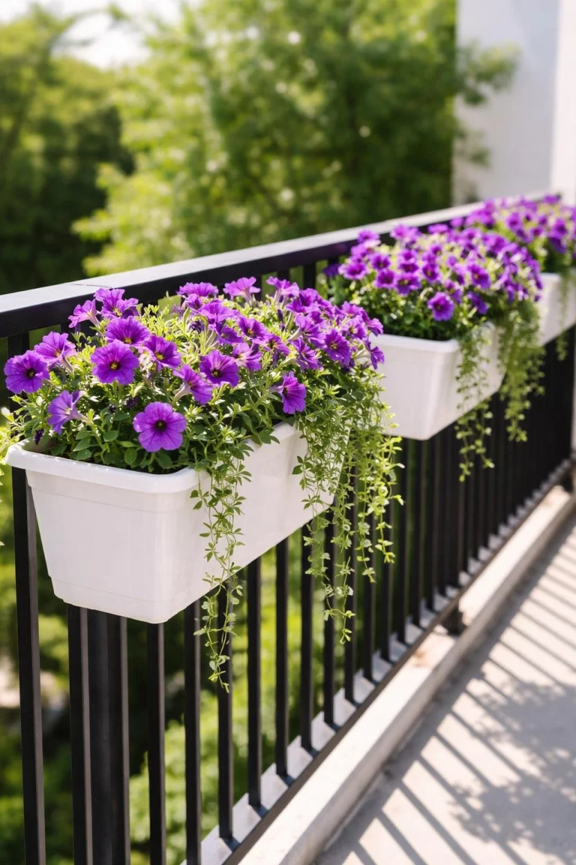 A realistic photo of several white plastic rectangular planters hanging over a black balcony railing, filled with purple petunias and green trailing leaves under bright sun.