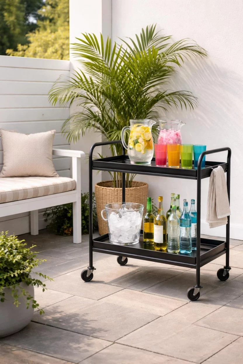 A realistic photo of a small patio featuring a black metal rolling bar cart stocked with glass pitchers and colorful acrylic tumblers, standing next to a small white bench and a tall green potted palm tree.